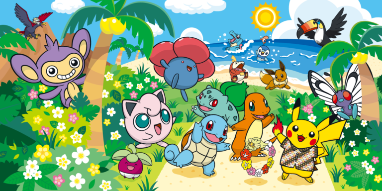 A imagem apresenta vários pokémon com expressão de alegria em um fundo de vegetação verde e mais ao fundo, uma praia.